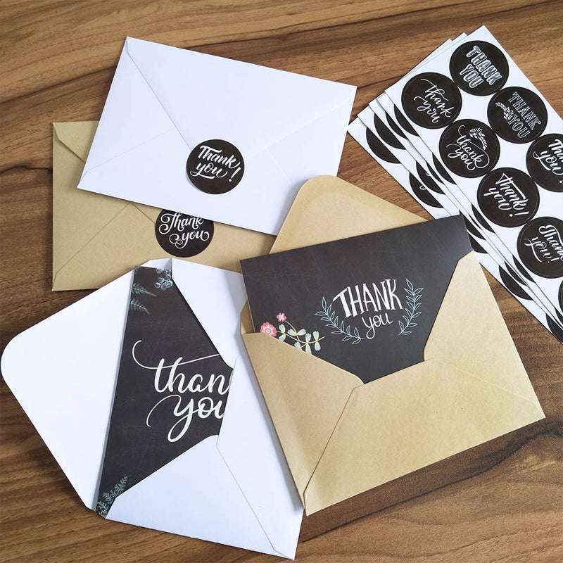 Supla 150 Sets Thank You Cards with Envelopes Stickers Bulk Thank You Notes 6 Designs of Chalkboard Floral Thank You Note Cards Vintage Blank Thank You Card 4 x 6 for Wedding Bridal Baby Shower - Image 4
